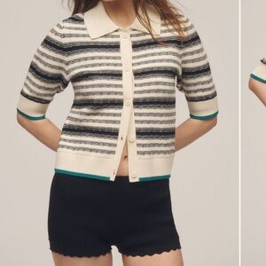 MAEVE Anthropologie Striped Collared Cropped Cardigan